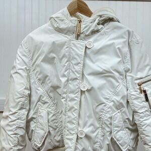 Honee White Puffer Bomber Jacket Women's Hooded‎ Full Zip Button Winter Coat